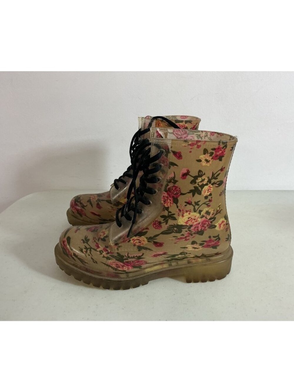 Floral Jelly Boots Waterproof Lace Up Womens 7